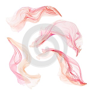 Fabric Cloth Pieces Flying on Wind, Set of Flowing Fluttering Pink Silk, on White
