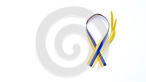 Fabric curved in yellow-blue ribbon on white background with spikelets. Colours of national flag of Ukraine and ears of wheat.