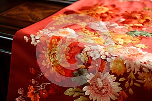 Fabric decorated with embroidered flowers. Concept of lux table textile or linen