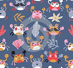 Fabric design with crabs and sea plants. Sea repeated print for kids design. Vector seamless pattern