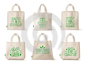 Fabric eco bags. Jute shopper bag with ecology green slogan printing, reusable cotton cloth realistic totebag from