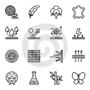 Fabric feature, clothes material icon set. Garment property symbols. Thin line style stroke vector.