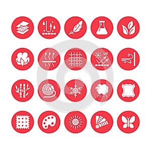 Fabric feature, clothes material vector flat glyph icons. Garment property symbols. Cotton wool, waterproof, wind