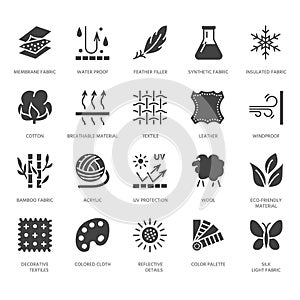 Fabric feature, clothes material vector flat glyph icons. Garment property symbols. Cotton wool, waterproof, wind photo