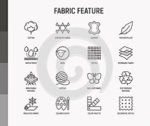 Fabric feature thin line icons set: leather, textile, cotton, wool, waterproof, acrylic, silk, eco-friendly material, breathable