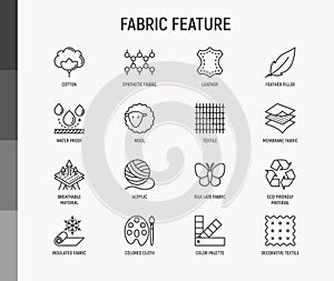 Fabric feature thin line icons set: leather, textile, cotton, wool, waterproof, acrylic, silk, eco-friendly material, breathable photo