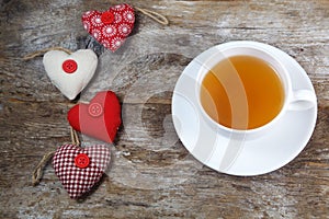 Fabric hearts and cup of tea