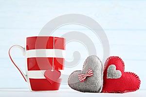 Fabric hearts and cup with teabag