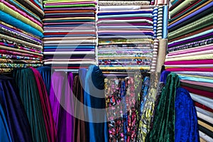 Fabric industry, textile store colorful fabric and silk. fabric background