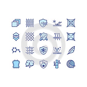 Fabric and Layered material related vector icons. Clothing properties symbols. Contains icons such as cotton, wool, waterproof,