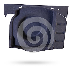 Fabric lining of the trunk floor of a gray car with a plastic clip as a separate part on a white isolated background in a photo