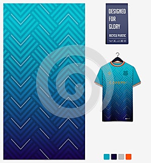 Fabric pattern design. Geometry pattern on blue background for soccer jersey, football kit, bicycle, basketball, sports uniform.