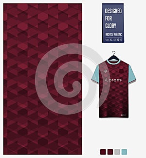 Fabric pattern design. Geometry pattern on claret background for soccer jersey, football kit, bicycle, basketball, sports uniform.