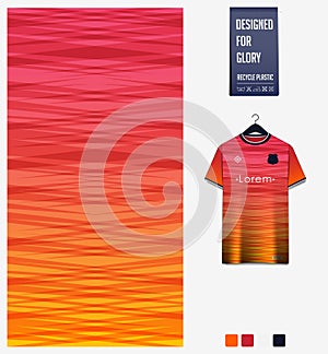 Fabric pattern design. Geometry pattern on orange background for soccer jersey, football kit, bicycle, basketball, sports uniform.