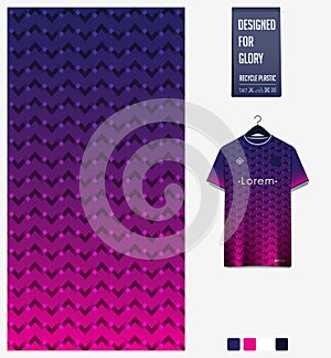 Fabric pattern design. Geometry pattern on violet background for soccer jersey, football kit, bicycle, basketball, sports uniform.