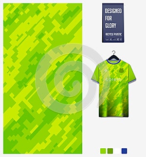 Fabric pattern design. Mosaic pattern on green background for soccer jersey, football kit, bicycle, basketball, sports uniform.