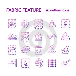 Fabric quality outline icons set. Mole protecction, windproof, sun screen. Textile industry