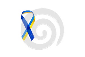 Fabric ribbon with national flag of Ukraine and European Union on white background. Europe. Copy space. Empty space.