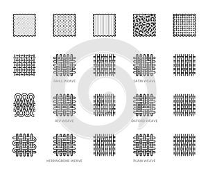 Fabric sample flat line icons set. Weave types, different clothing materials, textile swatch, animal print, cotton