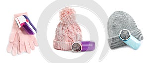 Fabric shavers, woolen hats and gloves on white background., collage. Banner design