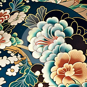 Fabric silk texture, Fragment of colorful retro tapestry textile pattern with floral ornament useful as background