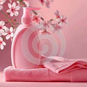 Fabric softener advertising design, conditioner bottle and soft clean towels banner on color background
