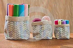 Fabric storage basket. Reversible cotton bin in boho style.Craft supplies storage bin