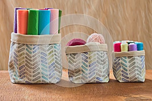 Fabric storage basket. Reversible cotton bin in boho style.Craft supplies storage bin photo