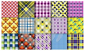 Fabric tartan pattern. Fabric checkered textile seamless square background recent vector set