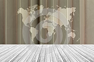 Fabric texture background, with white wood terrace and world map