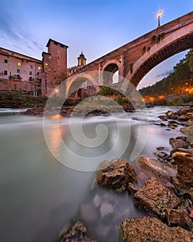 Fabricius Bridge and Tiber Island in the Evening, Rome, Italy