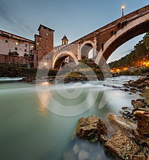 Fabricius Bridge and Tiber Island at Twilight, Rome, Italy