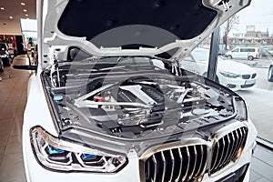 08 of Fabruary, 2018 - Vinnitsa, Ukraine. New BMW X5 car presentation in showroom - under the hood