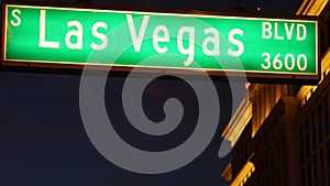 Fabulos Las Vegas, traffic sign glowing on The Strip in sin city of USA. Iconic signboard on the road to Fremont street in Nevada