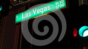 Fabulos Las Vegas, traffic sign glowing on The Strip in sin city of USA. Iconic signboard on the road to Fremont street in Nevada