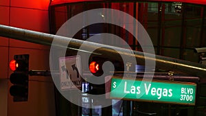 Fabulos Las Vegas, traffic sign glowing on The Strip in sin city of USA. Iconic signboard on the road to Fremont street in Nevada