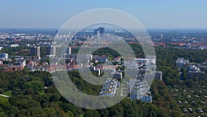Fabulous aerial top view flight city Munich Park Germany arena. drone