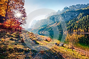 Fabulous autumn scene of Vorderer  Gosausee  lake. Captivating morning view of Austrian Alps, Upper Austria, Europe. Beauty of