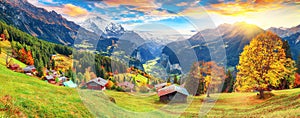 Fabulous autumn view of picturesque alpine Wengen village and Lauterbrunnen Valley