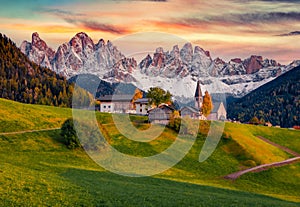 Fabulous autumn view of Santa Maddalena village in front of the Geisler or Odle Dolomites Group.