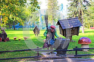 Fabulous Baba Yaga with a stupa and a broom in the Park