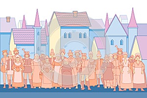 Fabulous background with medieval crowd people and medieval city. Old town street with houses. Vector illustration in