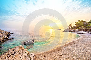 Fabulous beautiful magic landscape with stone at dawn on Bataria Beach on the coast of the Ionian Sea in Corfu