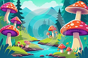 Fabulous big mushrooms in a magical forest. Fantastic mushrooms, along a mountain river, book cover illustration. An