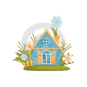 Fabulous blue house with a sharp roof among the flowers. Vector illustration on white background.