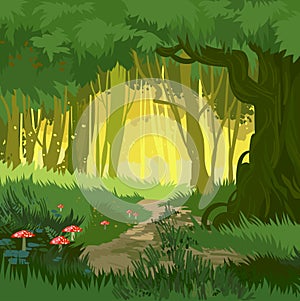 Fabulous bright green summer magical forest vector background mushrooms