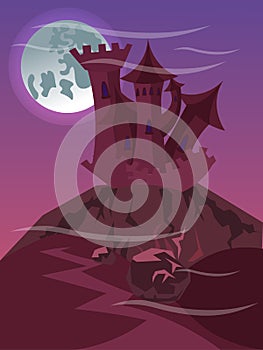 Fabulous castle on cliff raster illustration flat