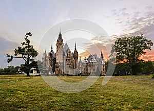 Fabulous castle in Moszna in the evening, Opole, Poland