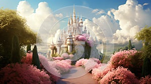 A fabulous castle with a path of lush flowers and cotton candy clouds