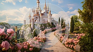 A fabulous castle with a path of lush flowers and cotton candy clouds